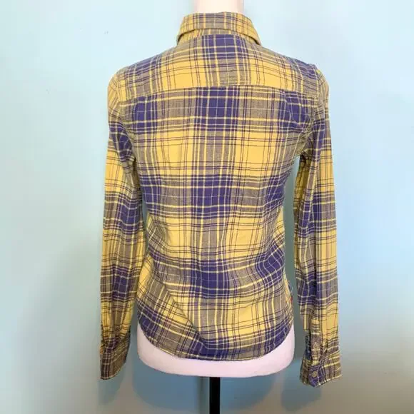 American Eagle Outfitters Yellow and Blue Plaid Flannel Button Down Size 4 - Picture 4 of 8
